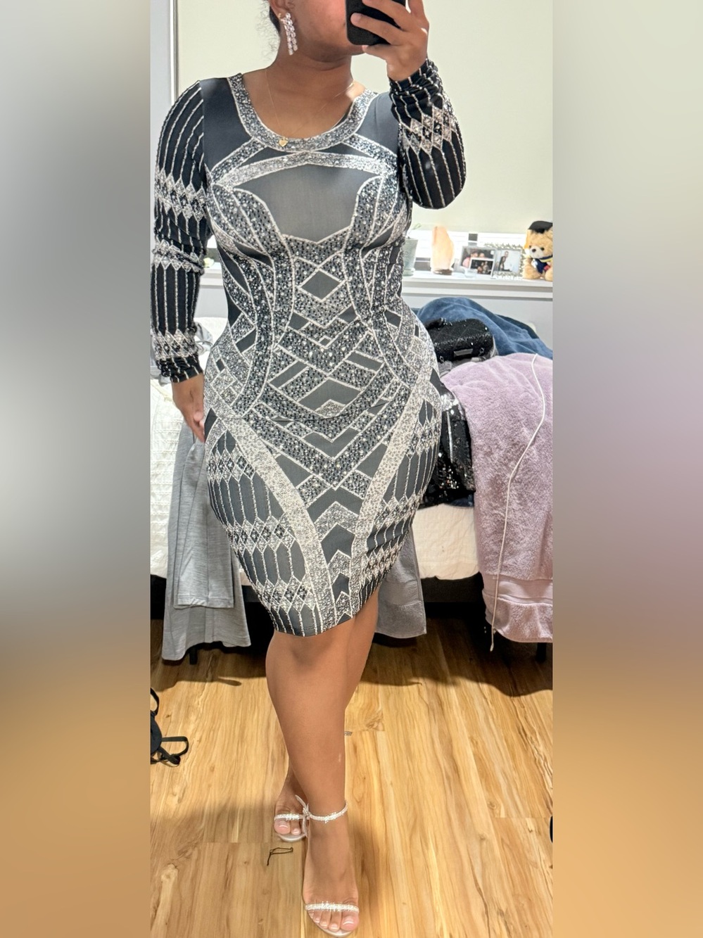 Black and Silver Long Sleeve Bodycon Dress